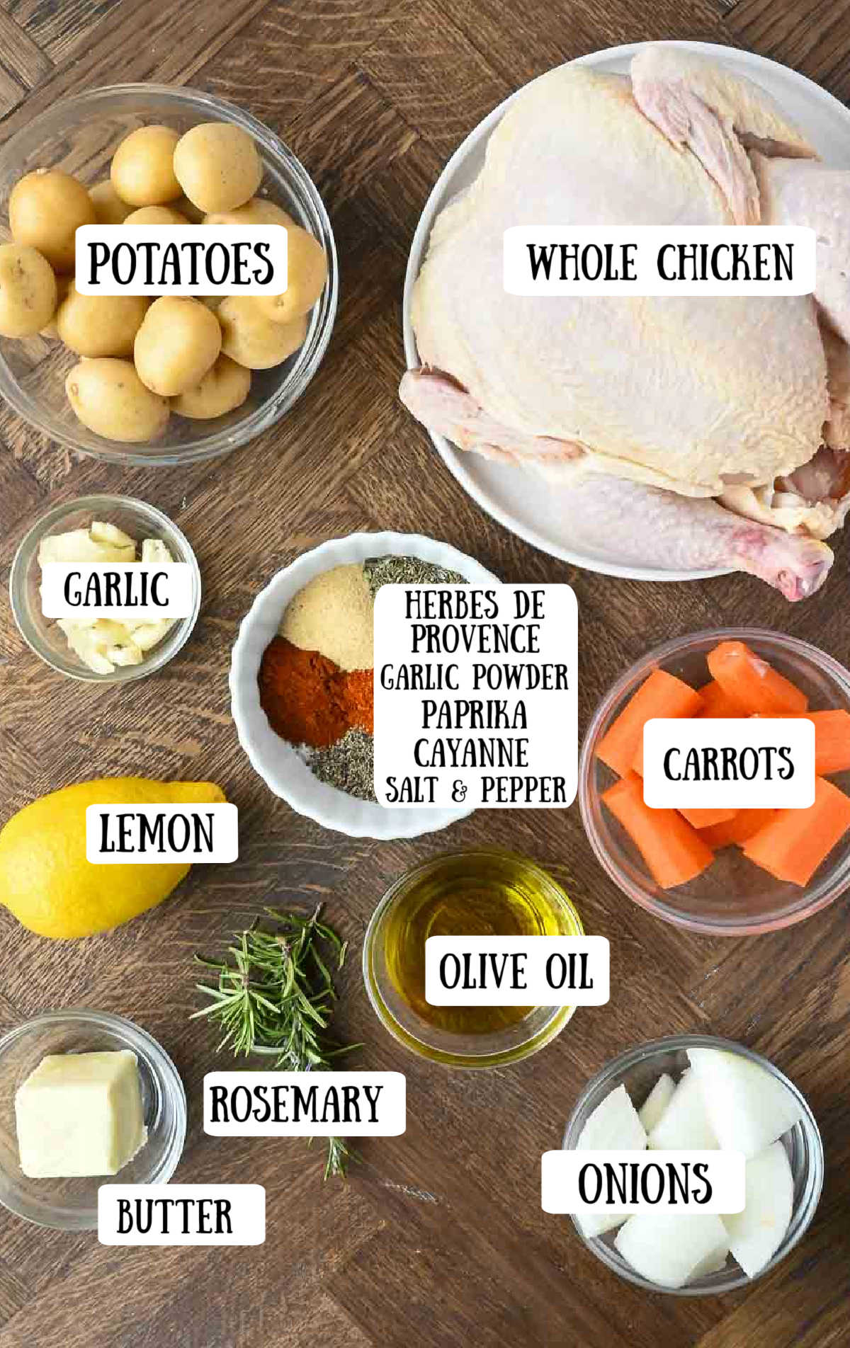 Labeled ingredients for dutch oven roasted whole chicken.