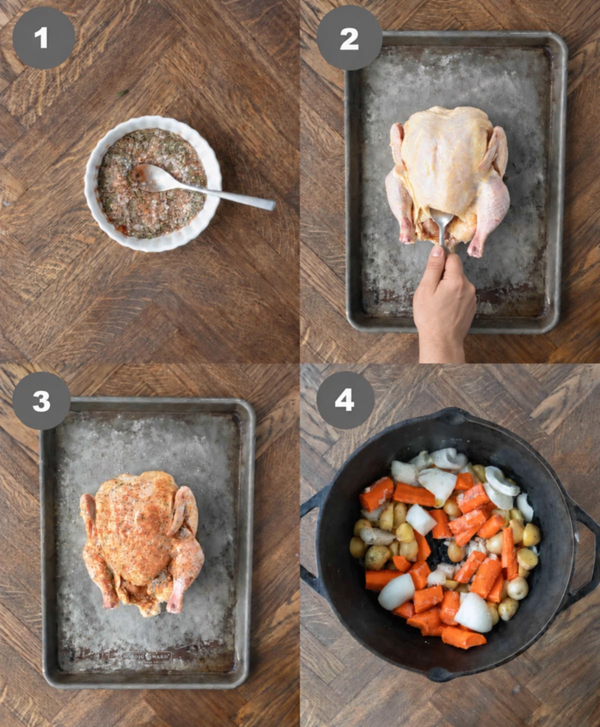 Spices mixed in a small bowl. Butter rubbed under the chicken skin, and spices added to the chicken skin.