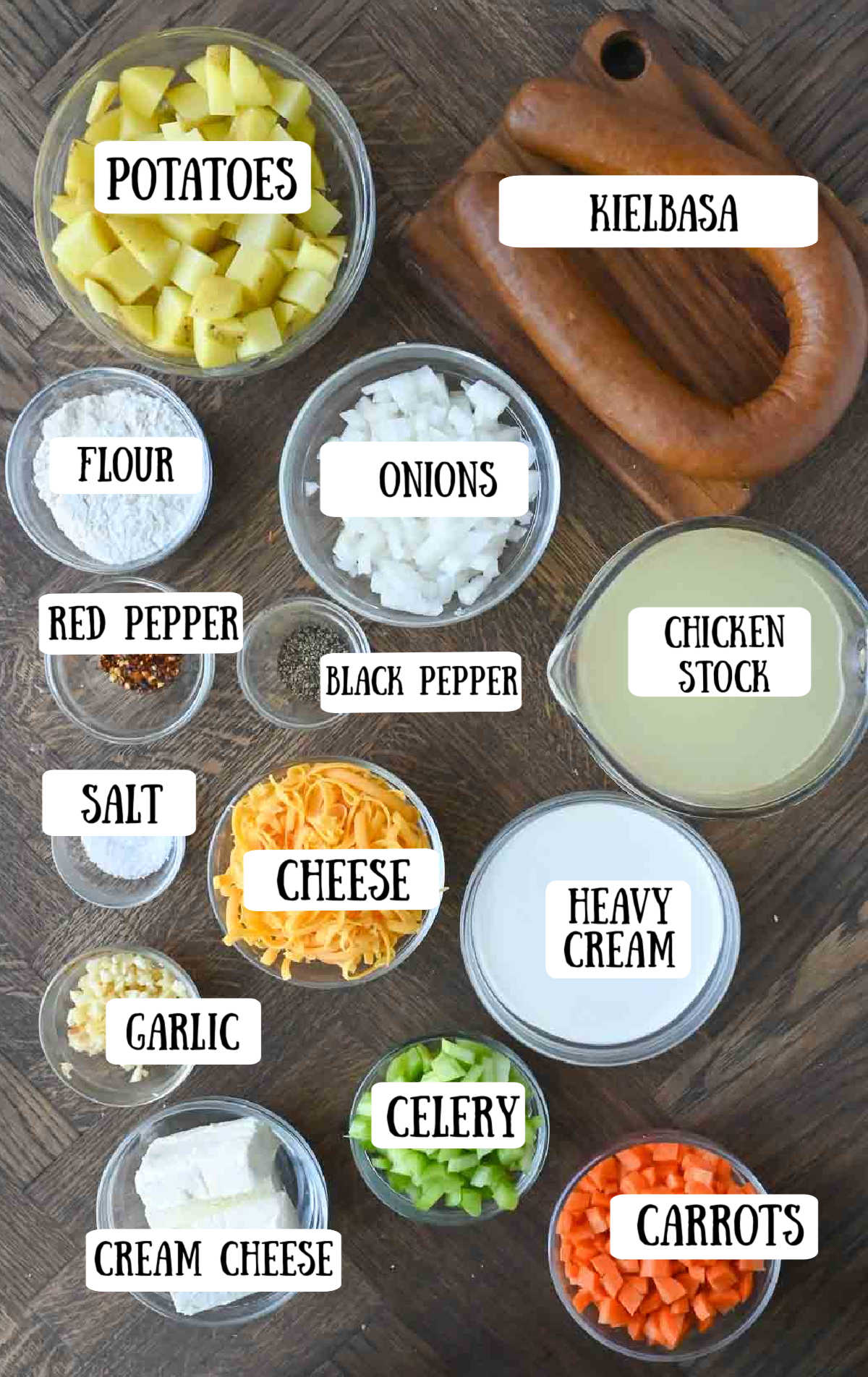 Labeled ingredients for kielbasa and potato soup.