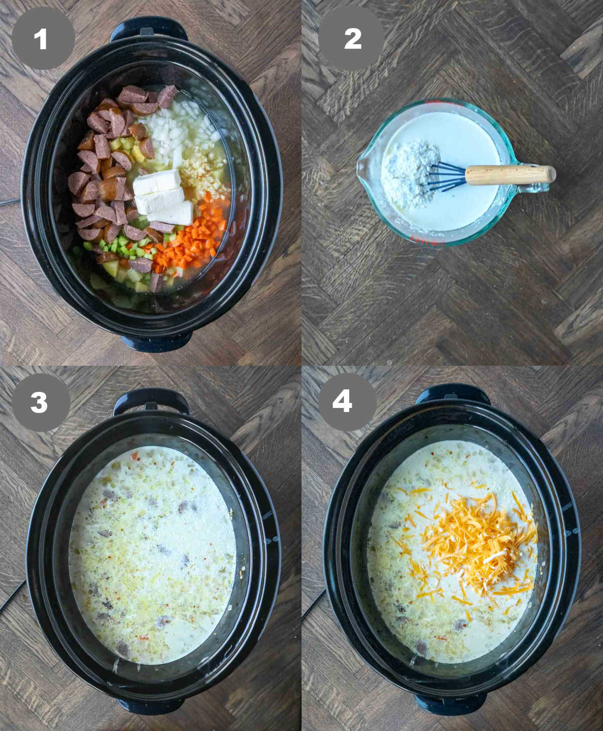 Steps 1 through 4 for making kielbasa and potato soup.