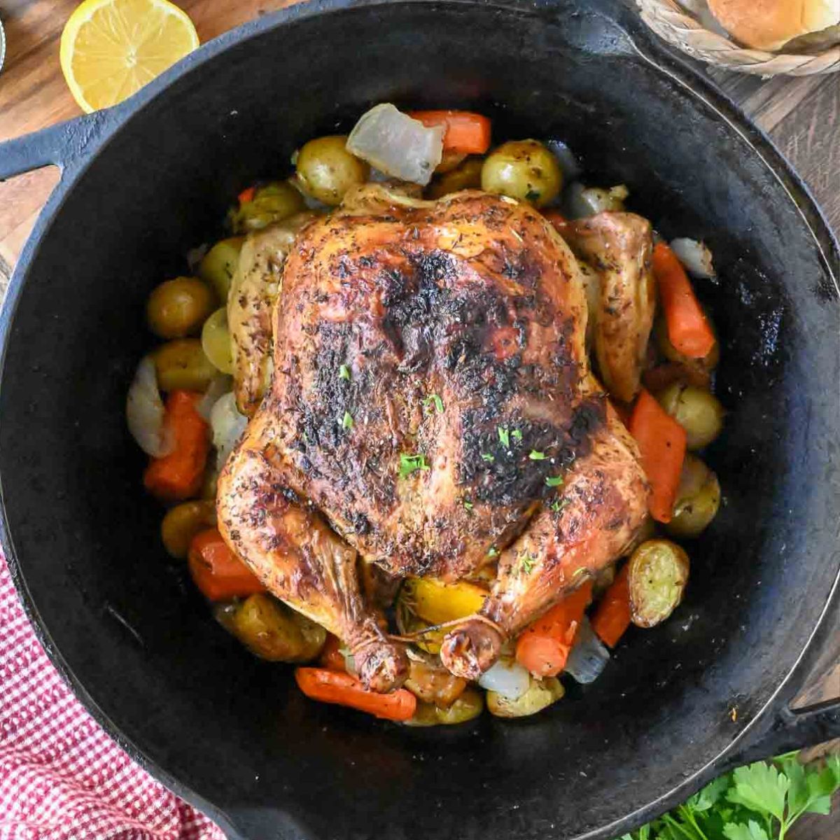 A whole chicken in a dutch oven with root veggies.