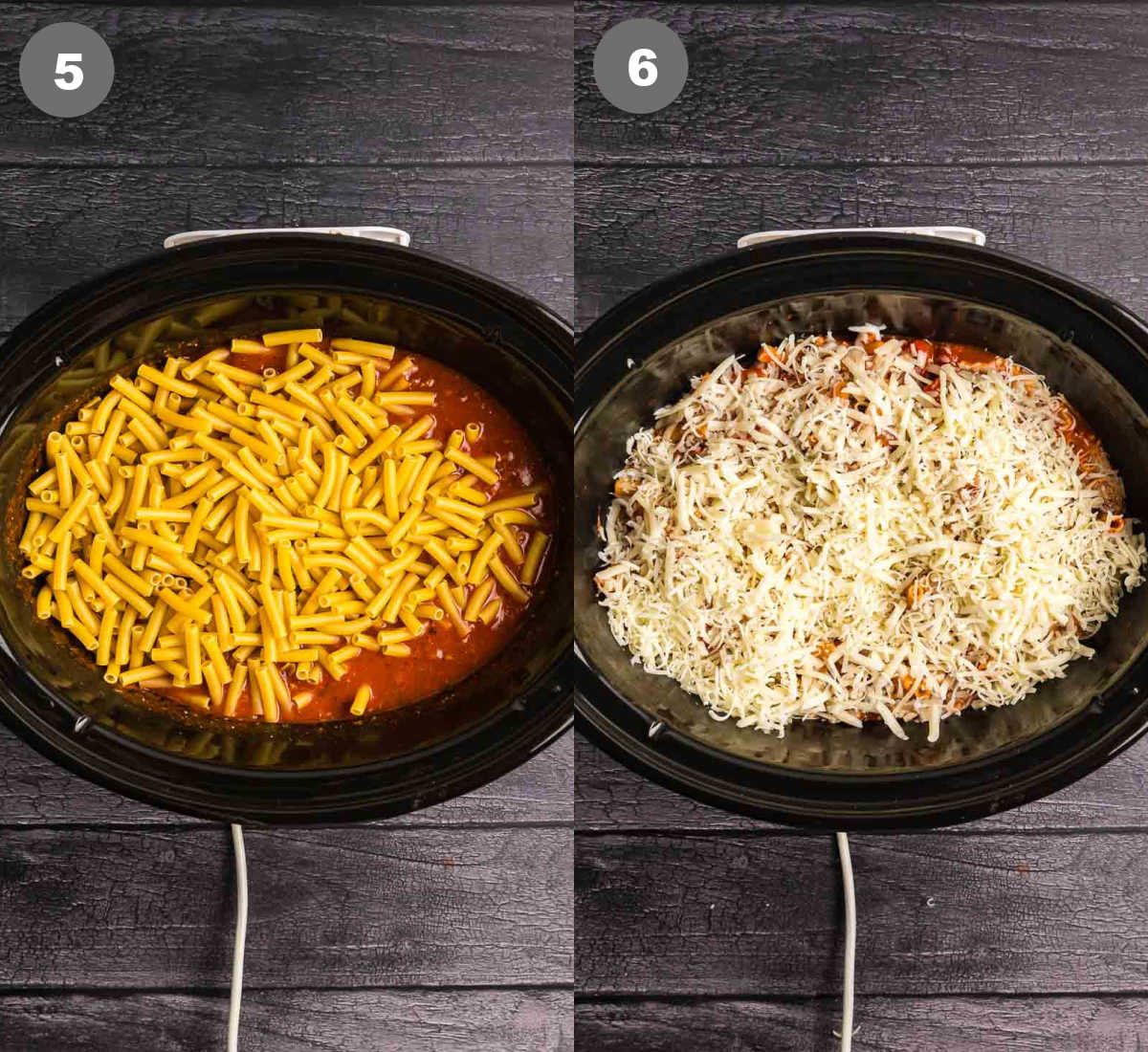 Steps 5 and 6 for making slow cooker baked ziti.