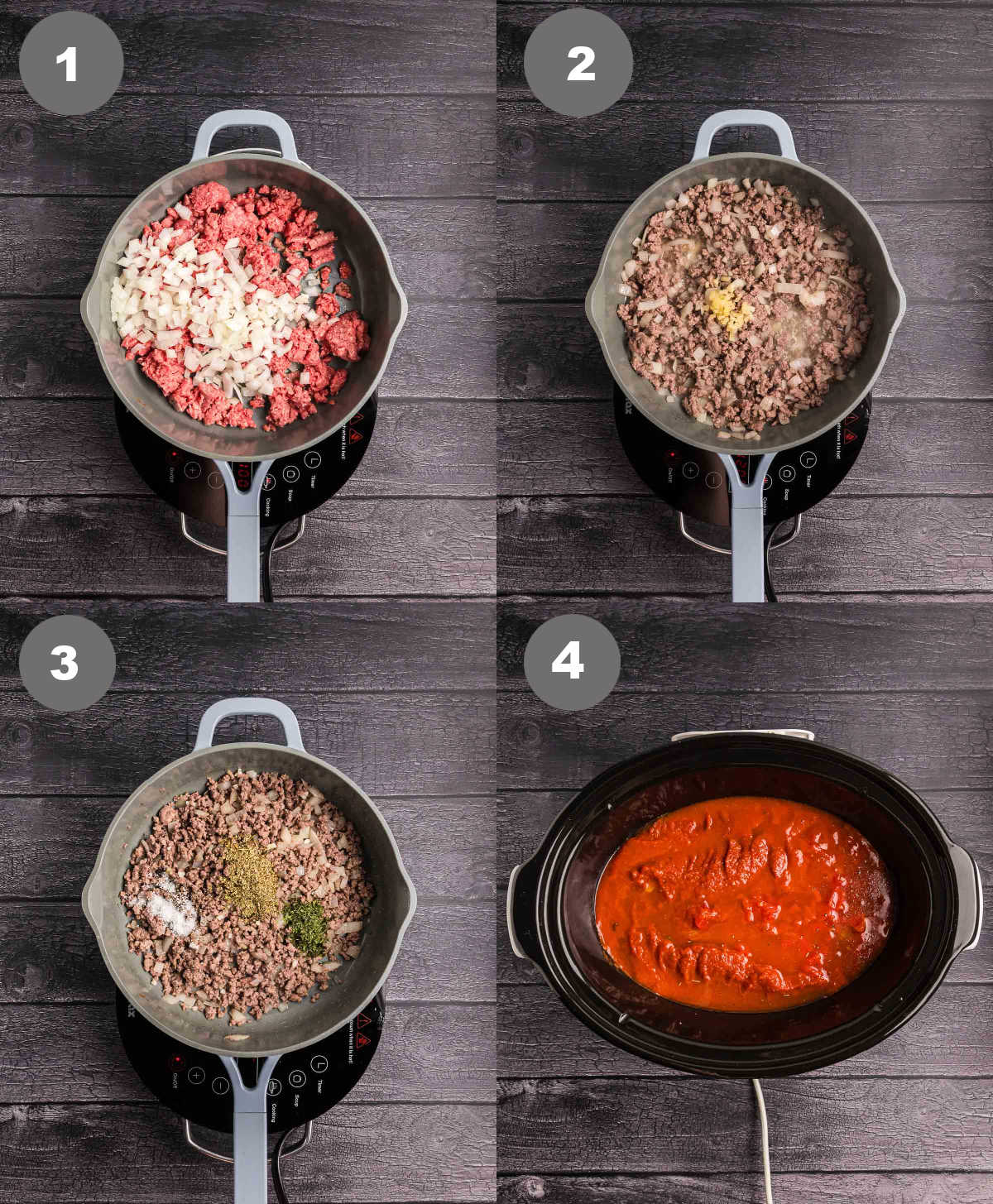 Steps 1 through 4 for making slow cooker baked ziti.