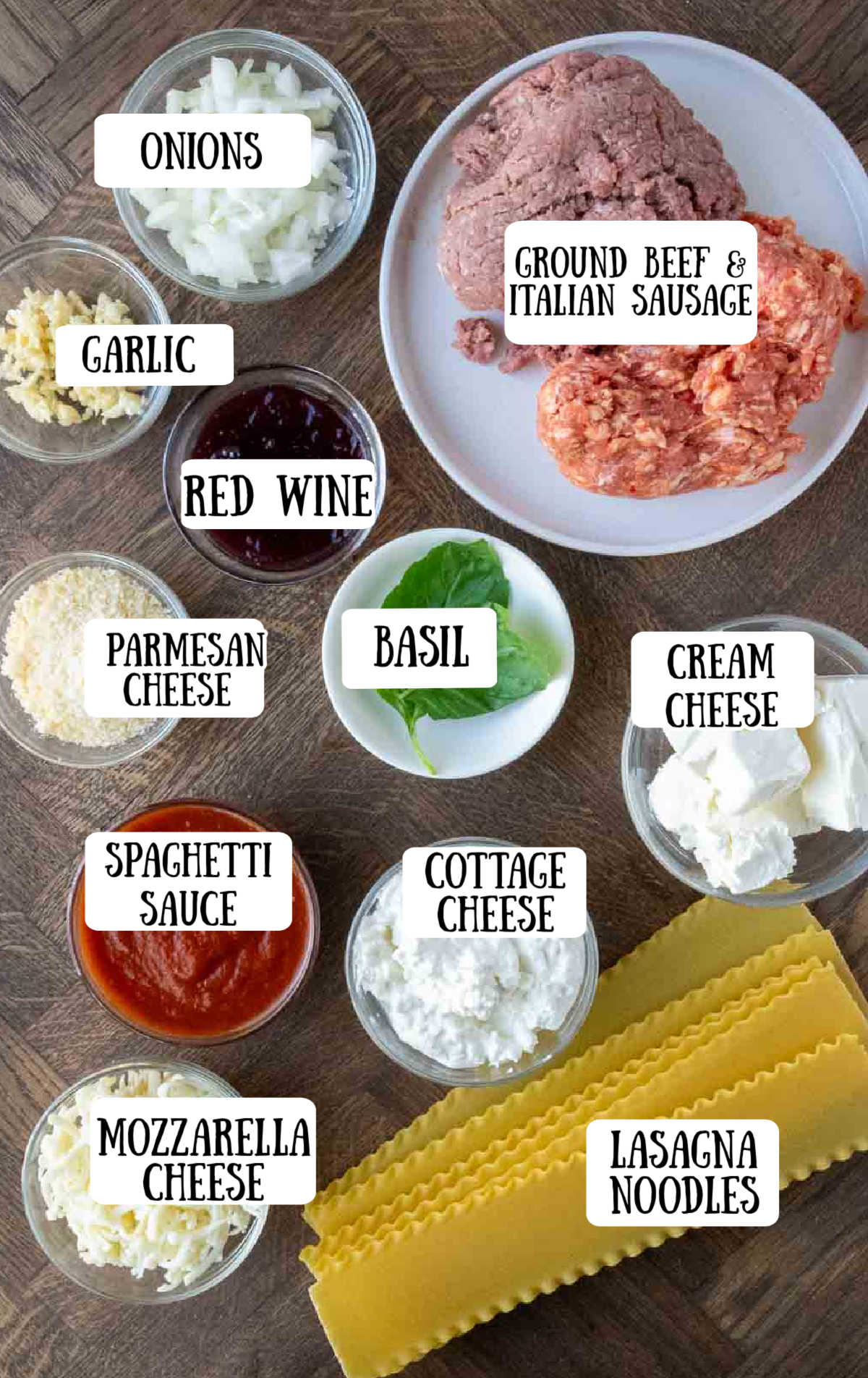 All of the ingredients needed for this lasagna recipe.