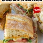 Pinterest graphic featuring a cafe style ciabatta chicken sandwich.