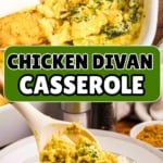 Pinterest graphic featuring broccoli chicken divan casserole.