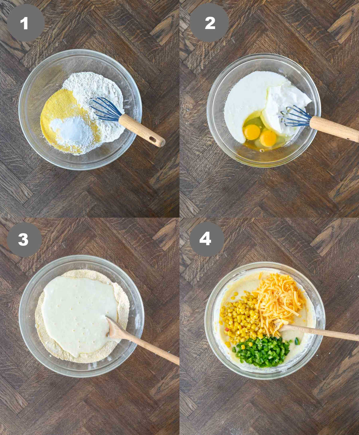 Steps 1 through 4 for making cheddar jalapeno cornbread.