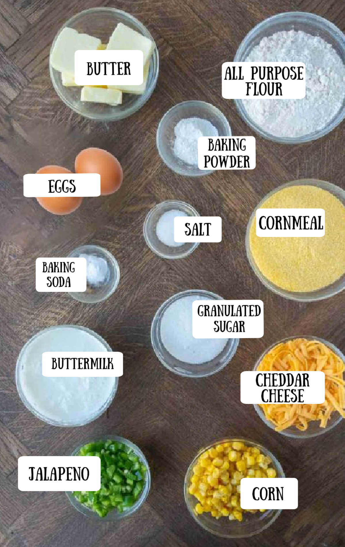 Labeled ingredients for cheddar cheese jalapeno cornbread.