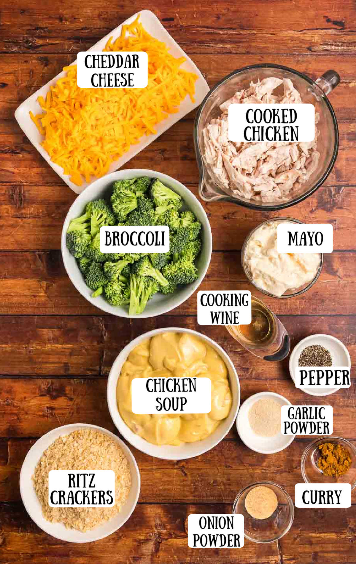 Labeled ingredients for broccoli chicken divan casserole.