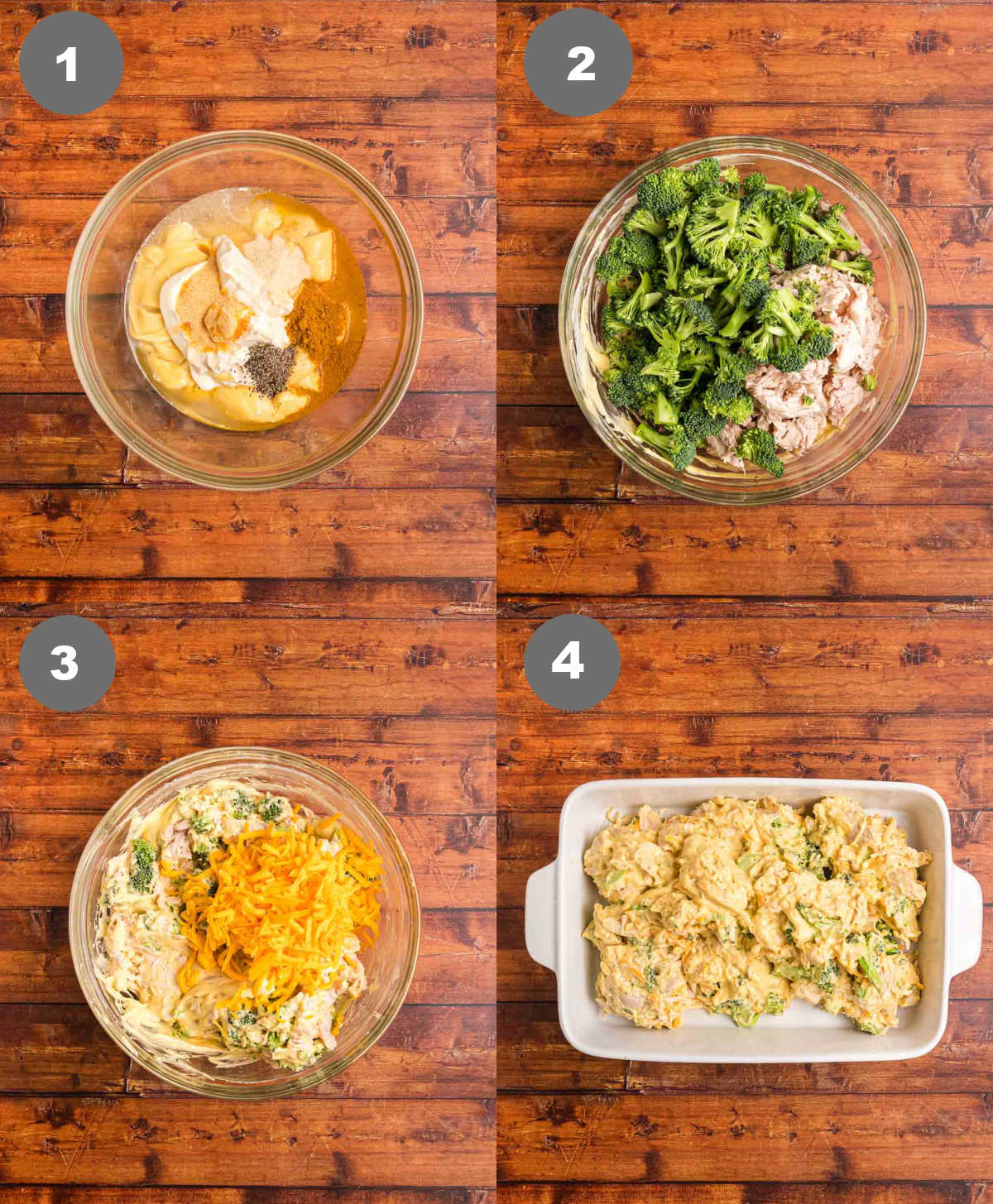 Steps 1 through 4 for making broccoli chicken divan casserole.