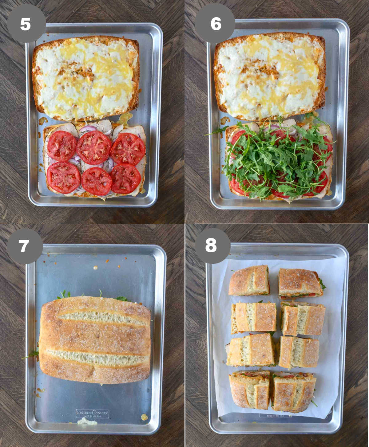 Steps 5 through 8 for making a ciabatta chicken sandwich.