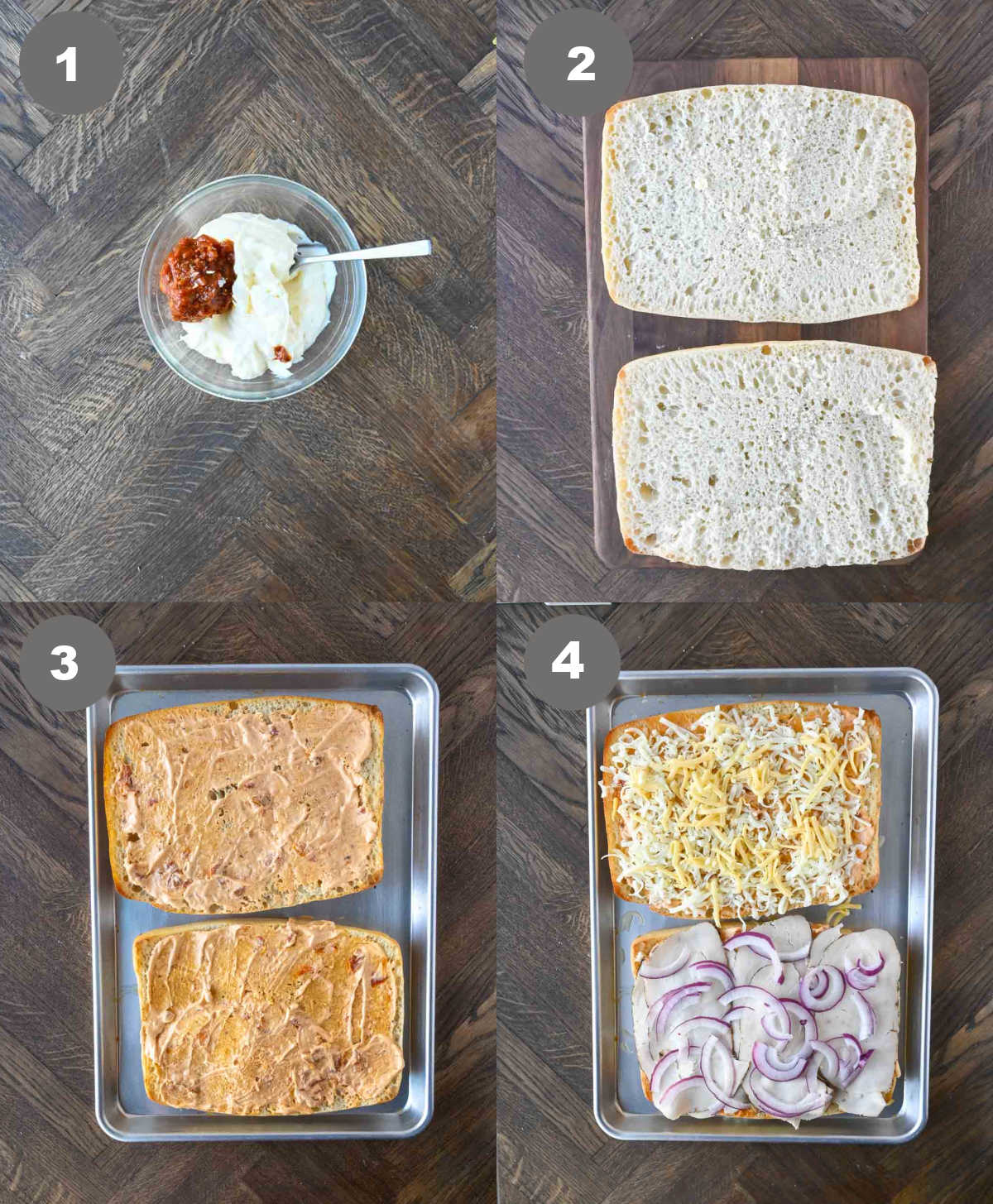 Steps 1 through 4 for making a ciabatta chicken sandwich.