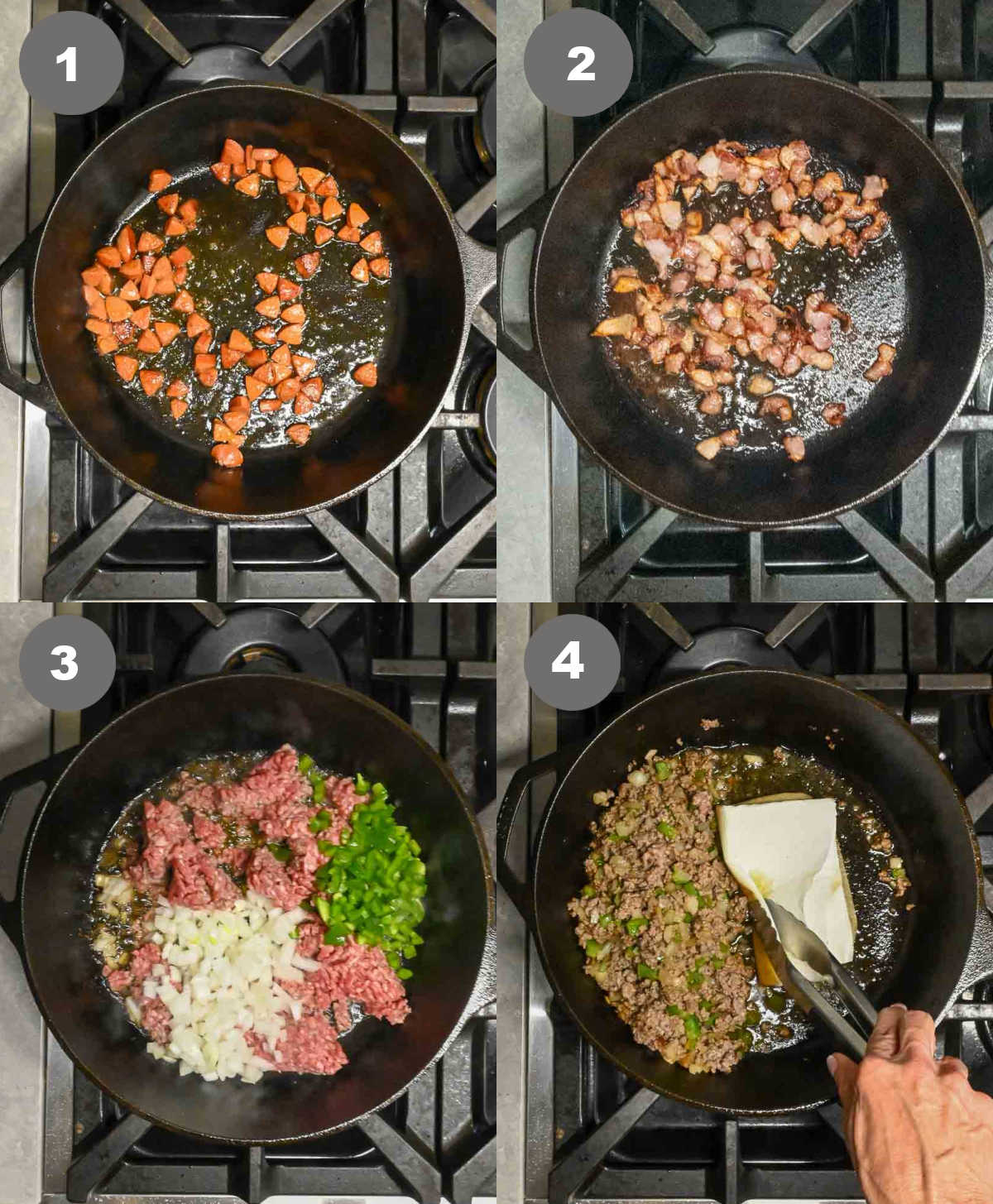 Steps 1 through 4 for making cowboy baked beans.