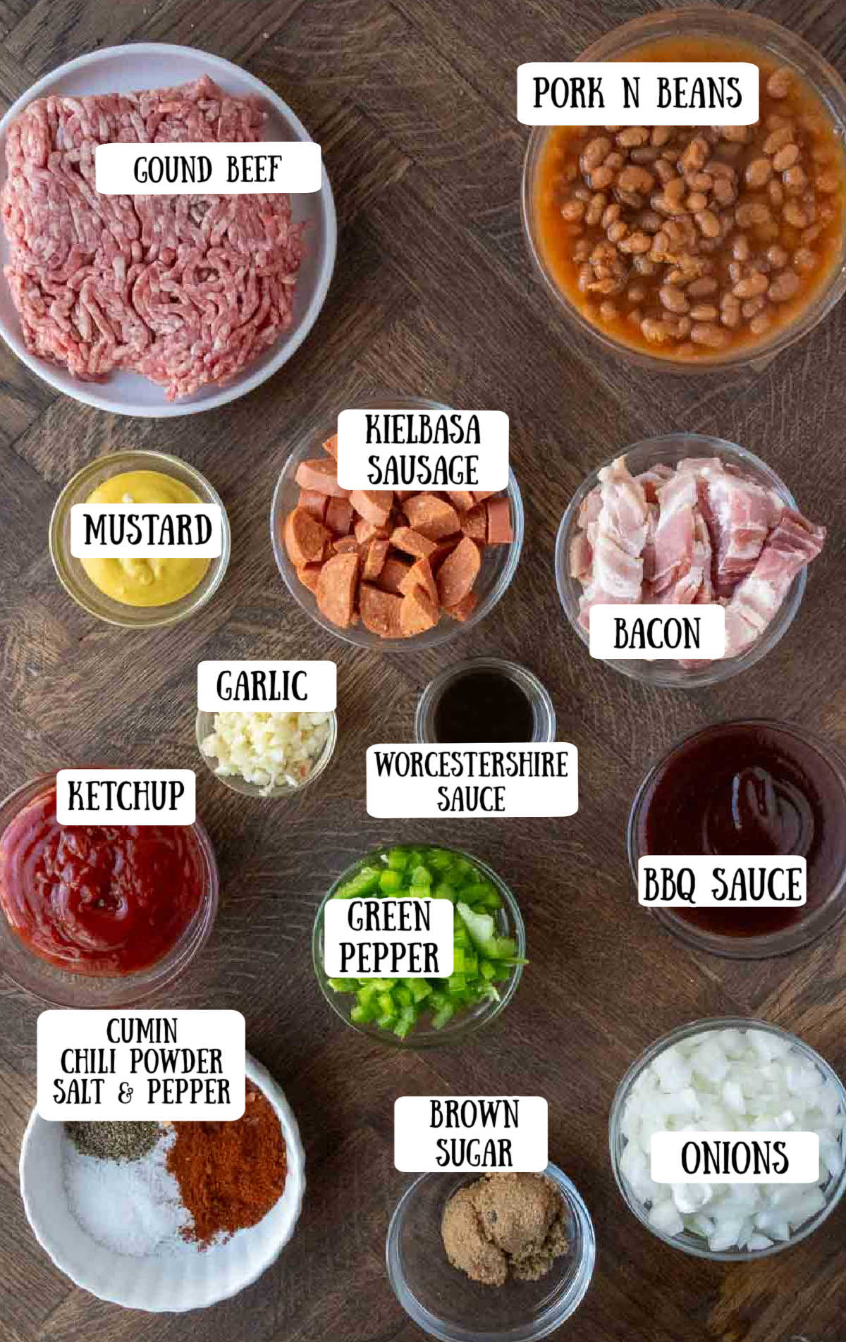 Labeled ingredients for cowboy baked beans recipe.