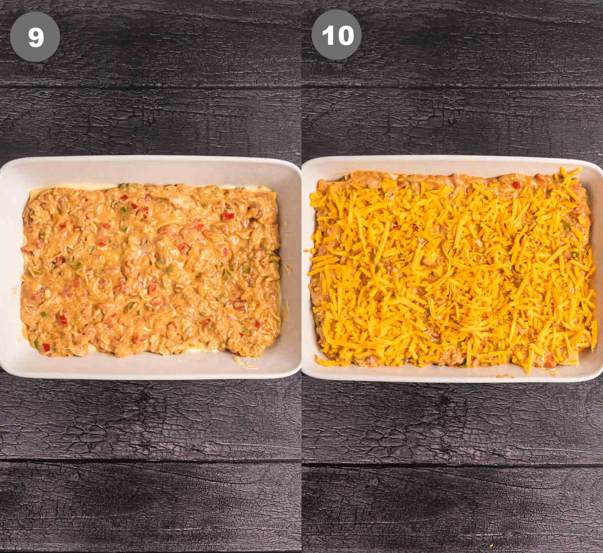 Steps 9 and 10 for making king ranch chicken casserole.