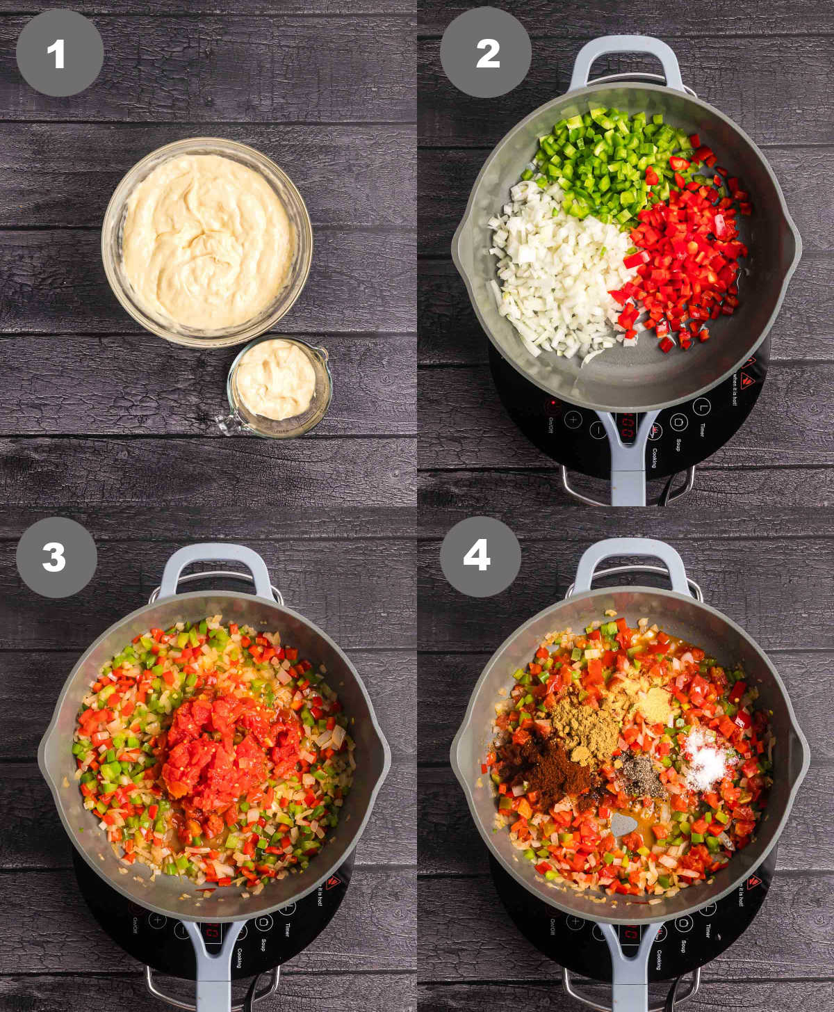 Steps 1 through 4 for king ranch chicken casserole recipe.