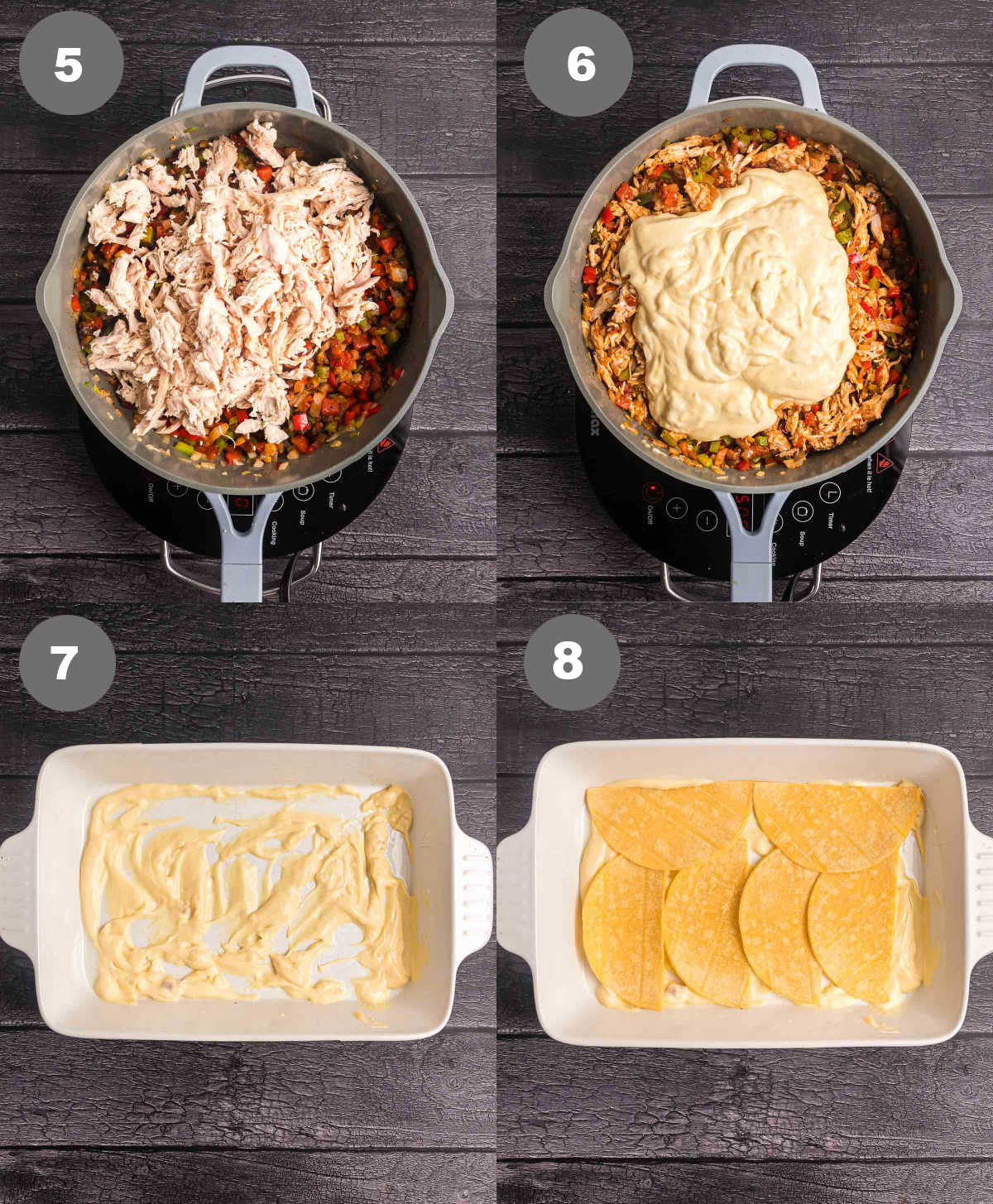 Steps 5 through 8 for king ranch chicken casserole recipe.