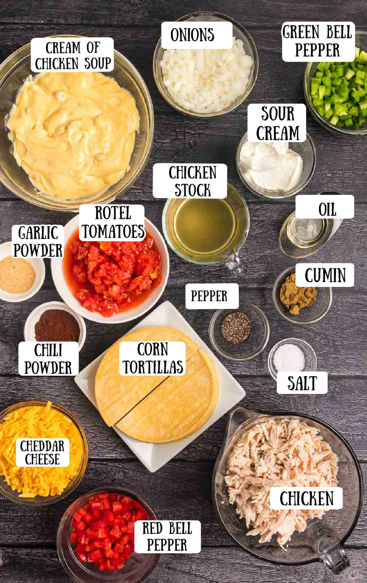 Labeled ingredients for king ranch chicken casserole recipe.