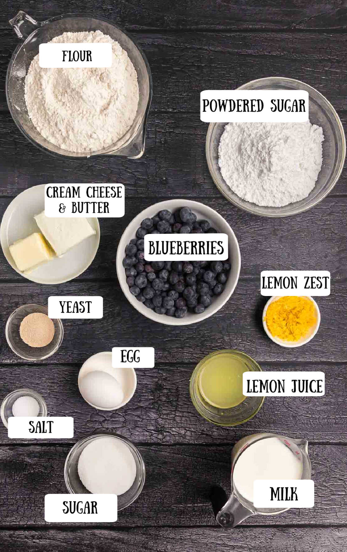 Labeled ingredients for lemon blueberry rolls.