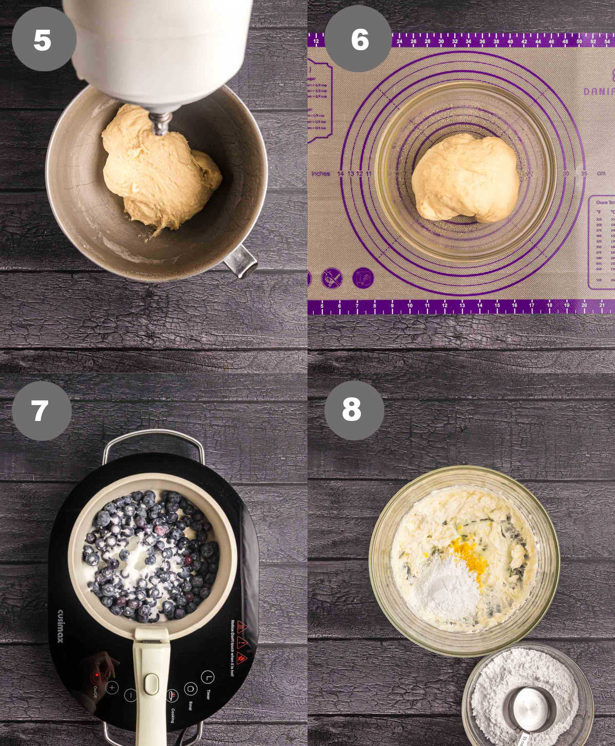 Steps 5 through 8 for making lemon blueberry sweet rolls.
