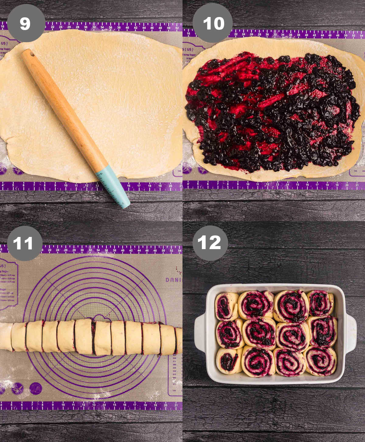 Steps 9 through 12 for making lemon blueberry rolls.