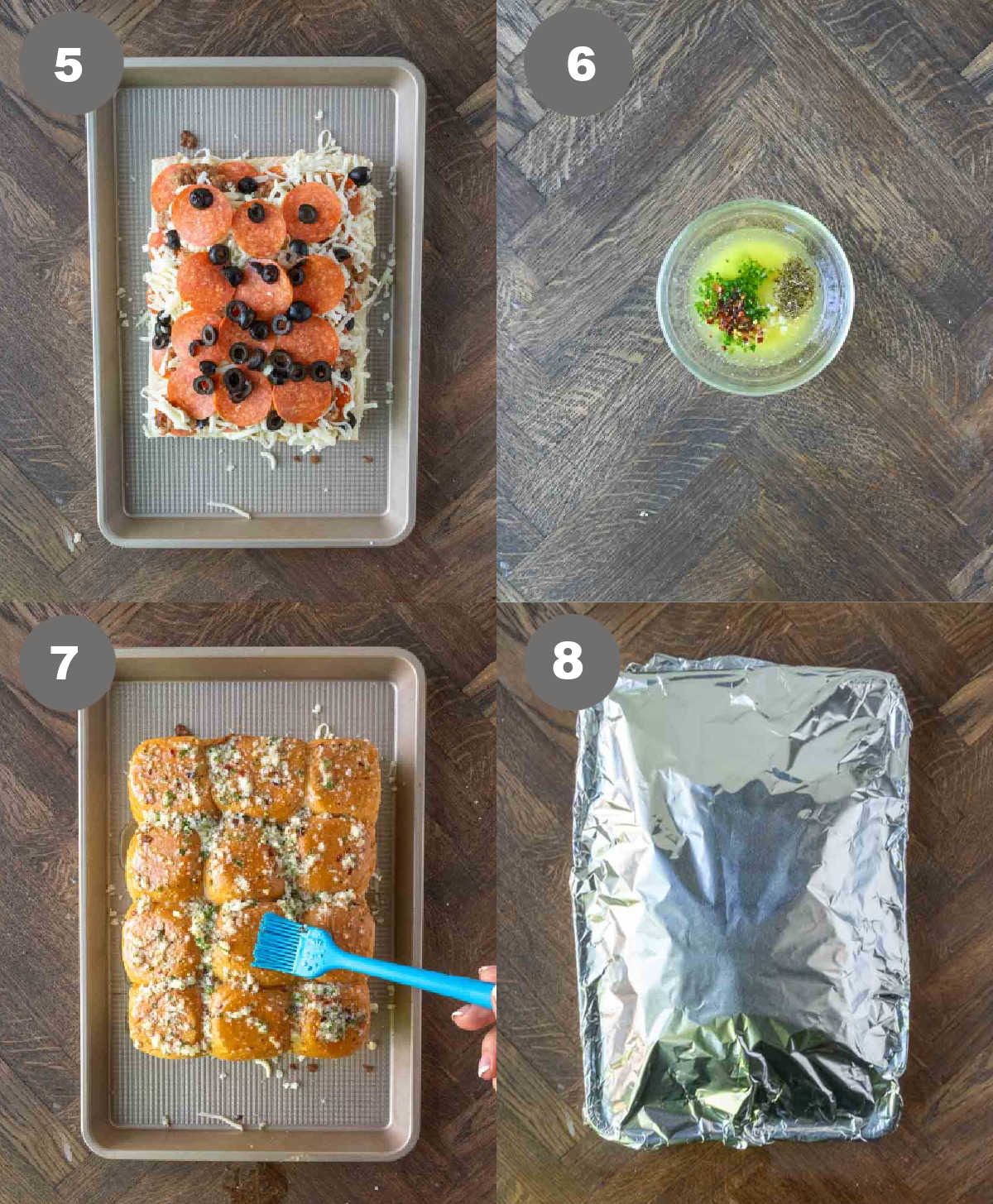Steps 5 through 8 for making pizza sliders.