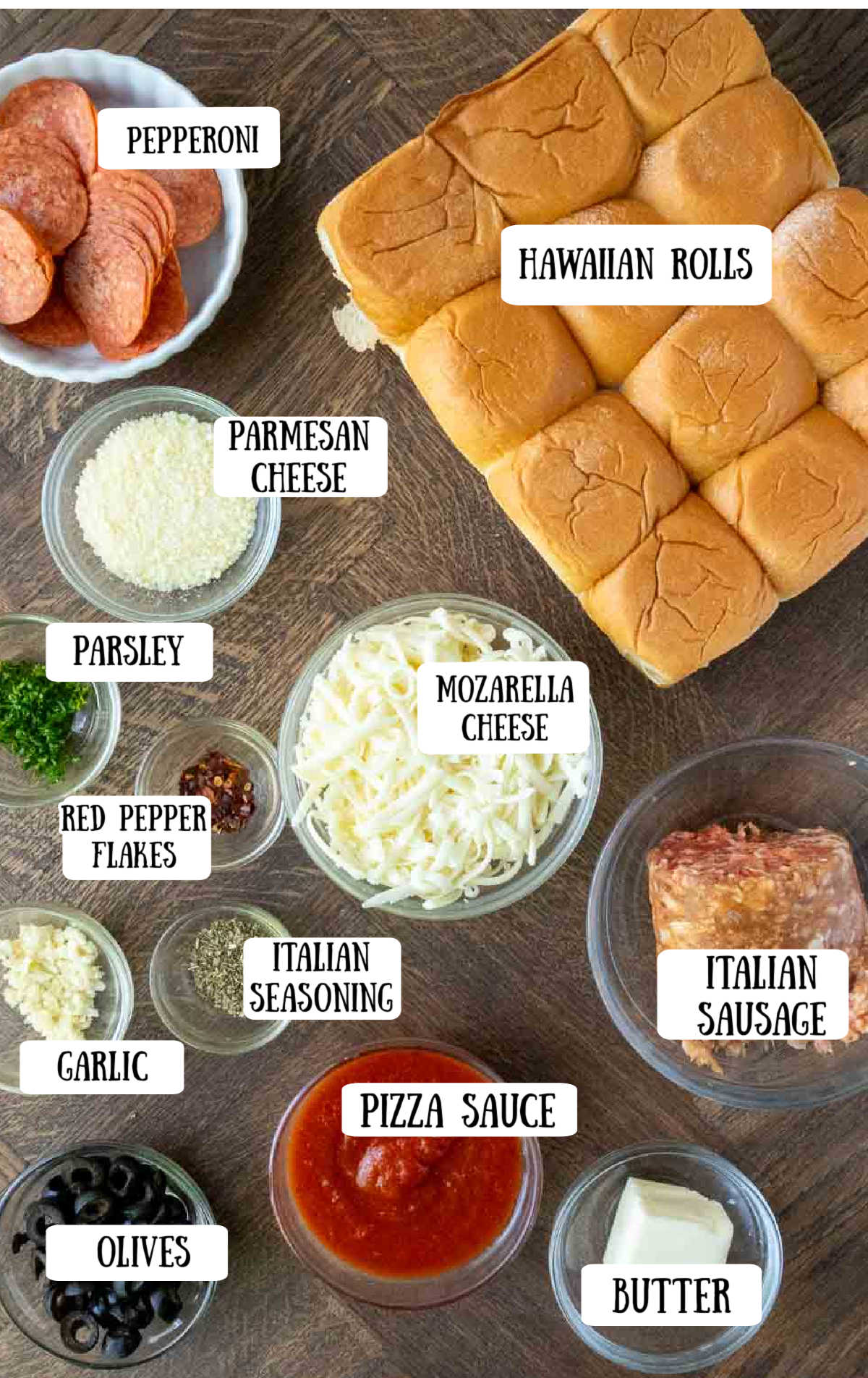 Labeled ingredients for pizza sliders.