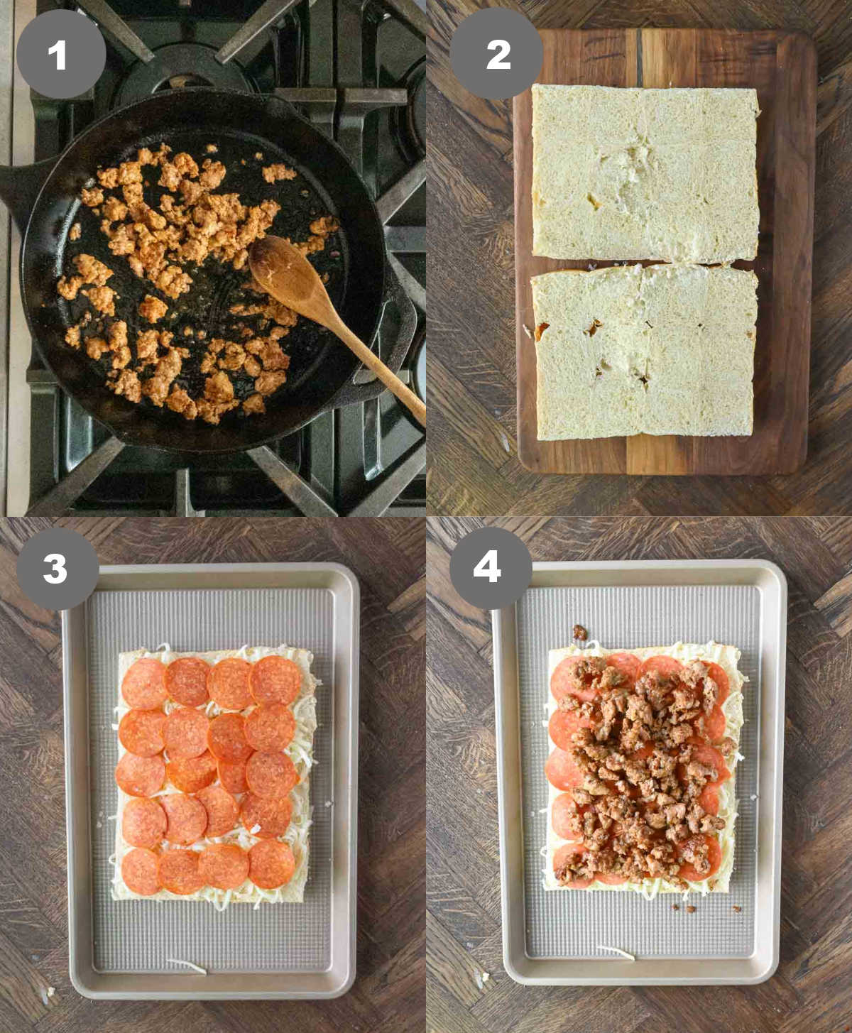 Steps 1 through 4 for making pizza sliders.