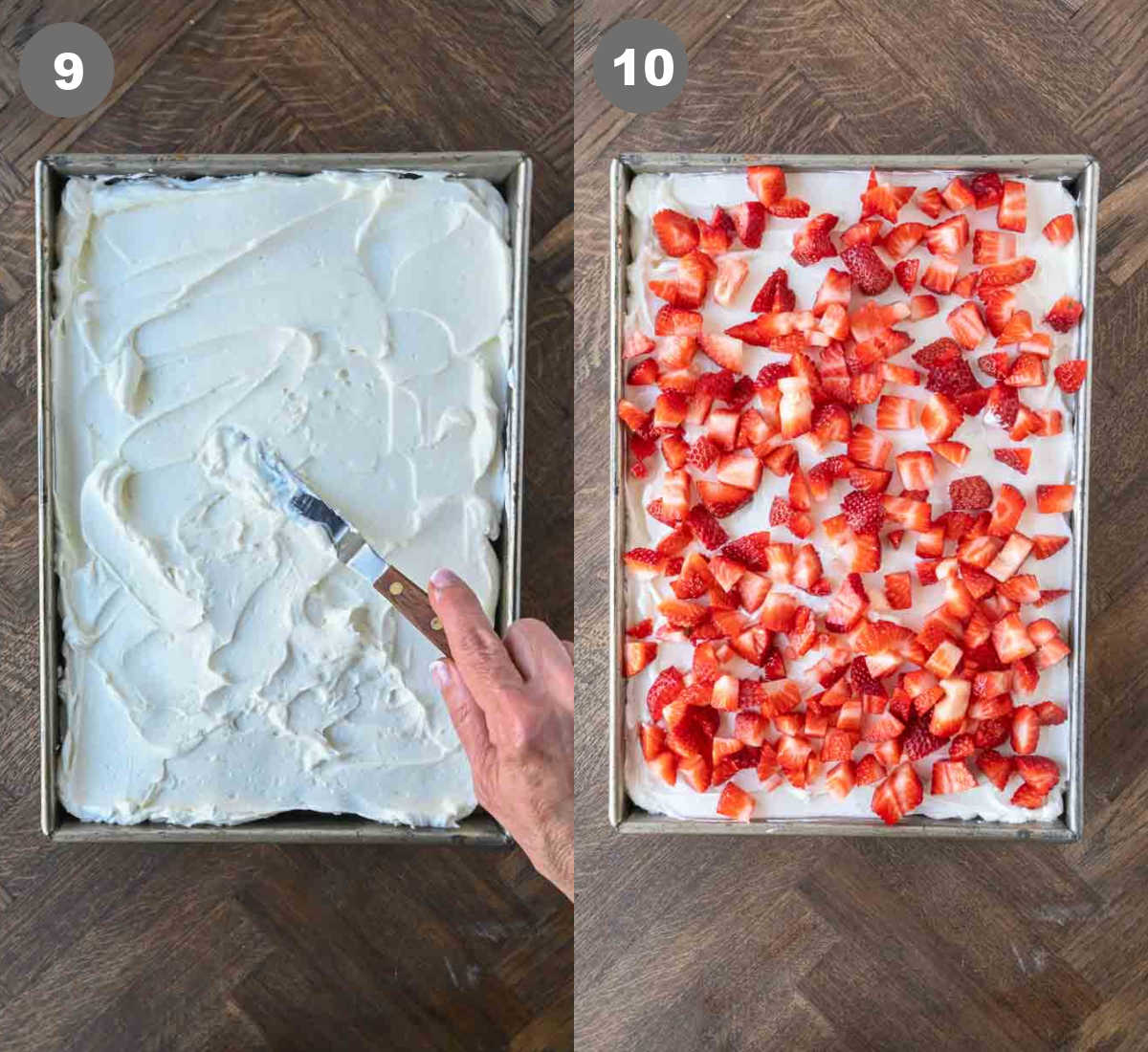 Steps 9 and 10 for making strawberry whipped cream cake.
