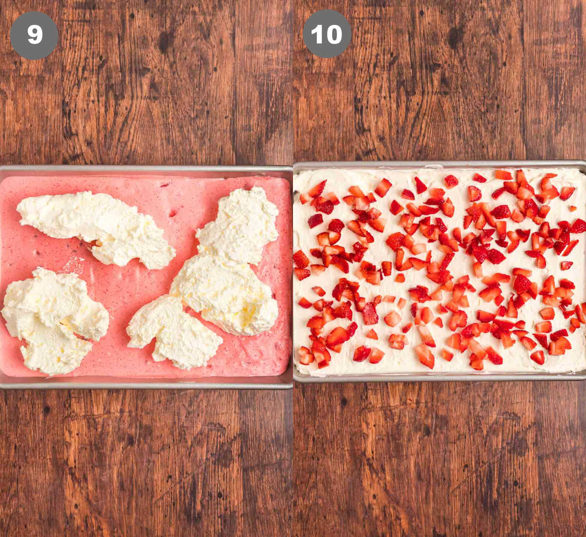 Steps 9 and 10 for making strawberry delight.