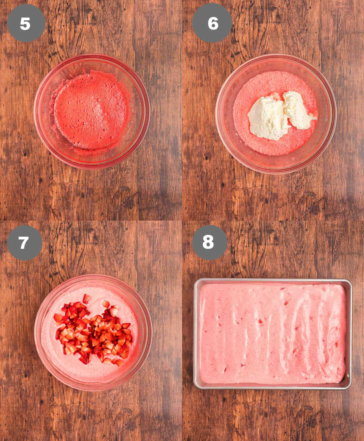 Steps 5 through 8 for making strawberry delight.