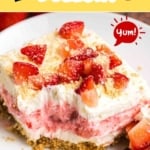 Pinterest graphic featuring strawberry delight dessert.
