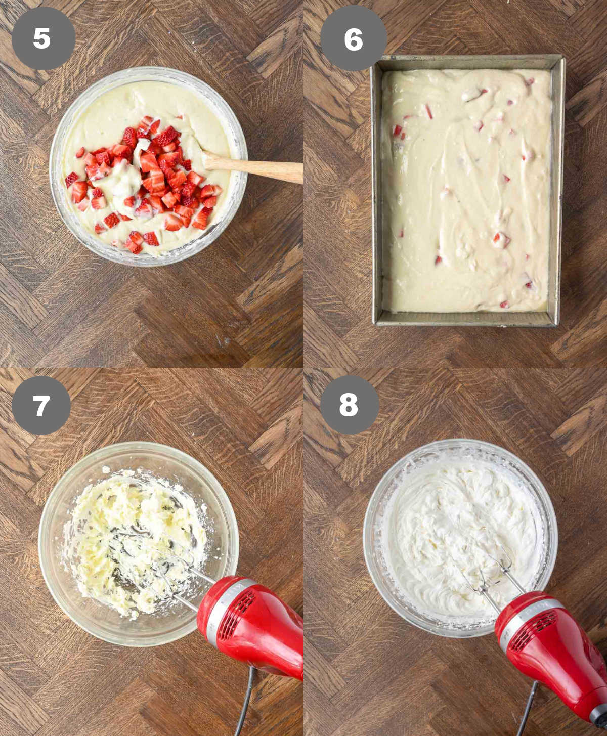 Steps 5 through 8 for strawberry cake.