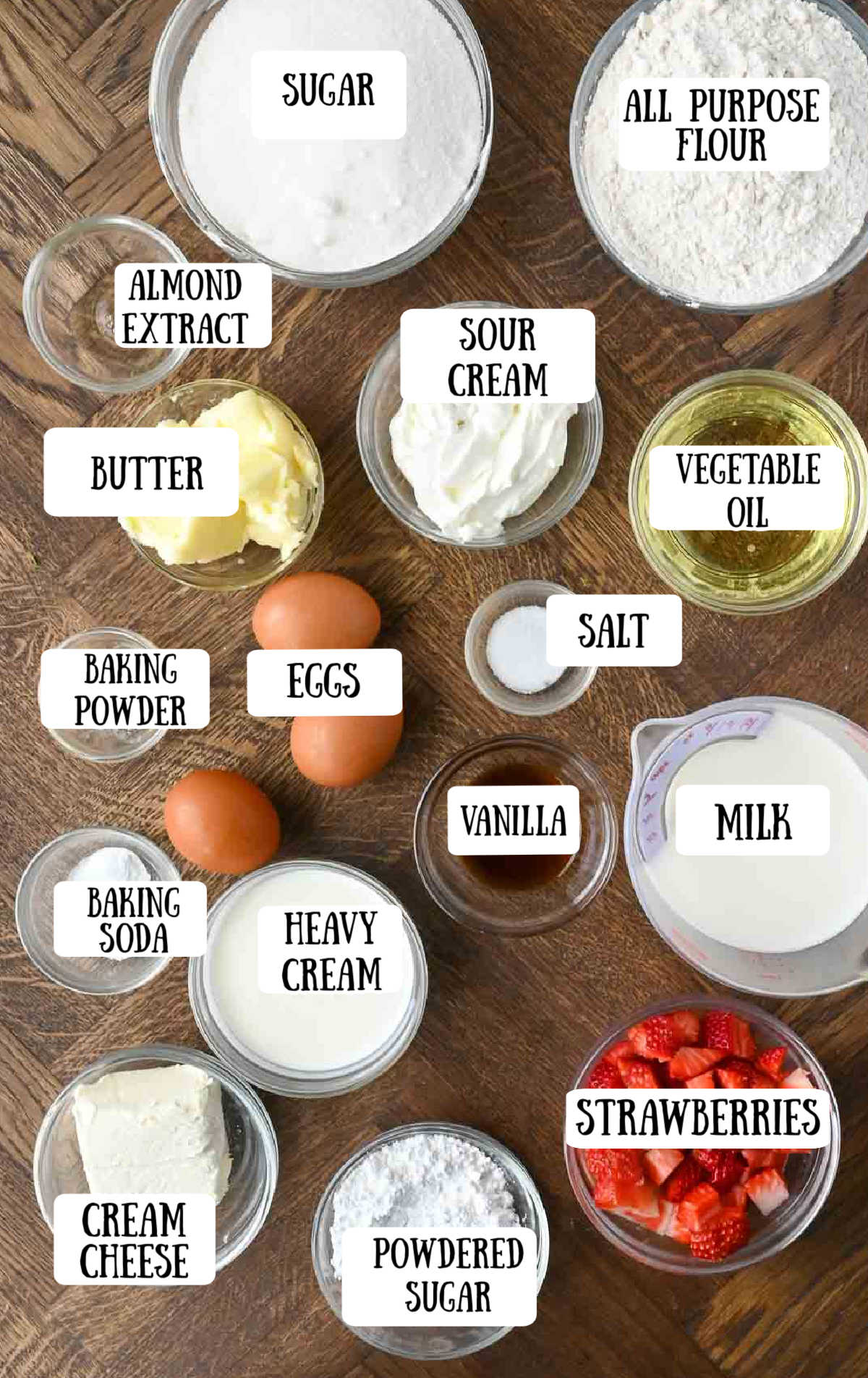 Labeled ingredients for strawberry whipped cream cake.