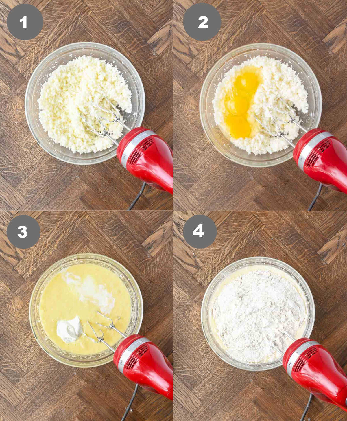 Steps 1 through 4 for making strawberry whipped cream cake.