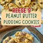 Pinterest graphic featuring peanut butter cups cookie recipe.