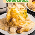Pinterest graphic featuring crockpot pierogi casserole.