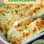 Pinterest graphic featuring rotisserie chicken enchiladas.