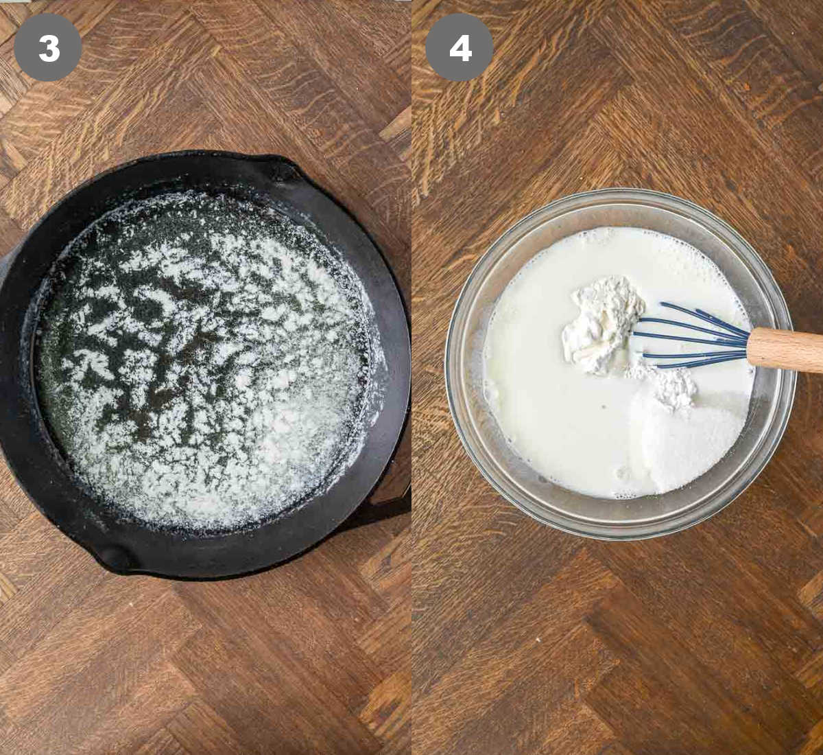 Butter melted in a skillet and the batter mixed together in a large bowl.