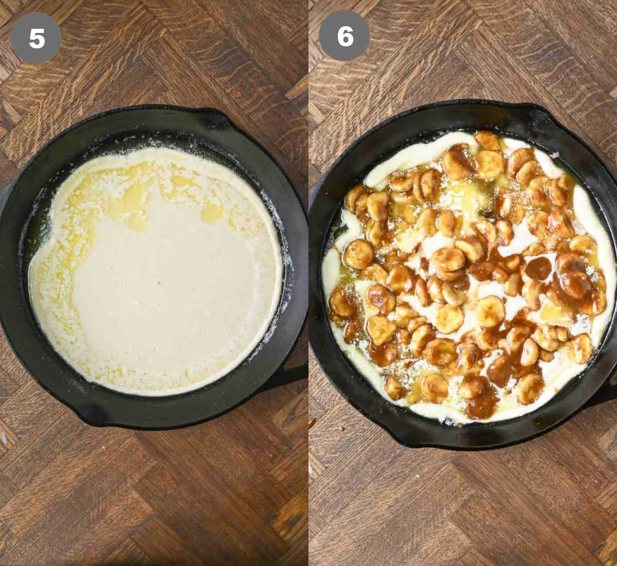 Steps 5 and 6 for making banana cobbler.