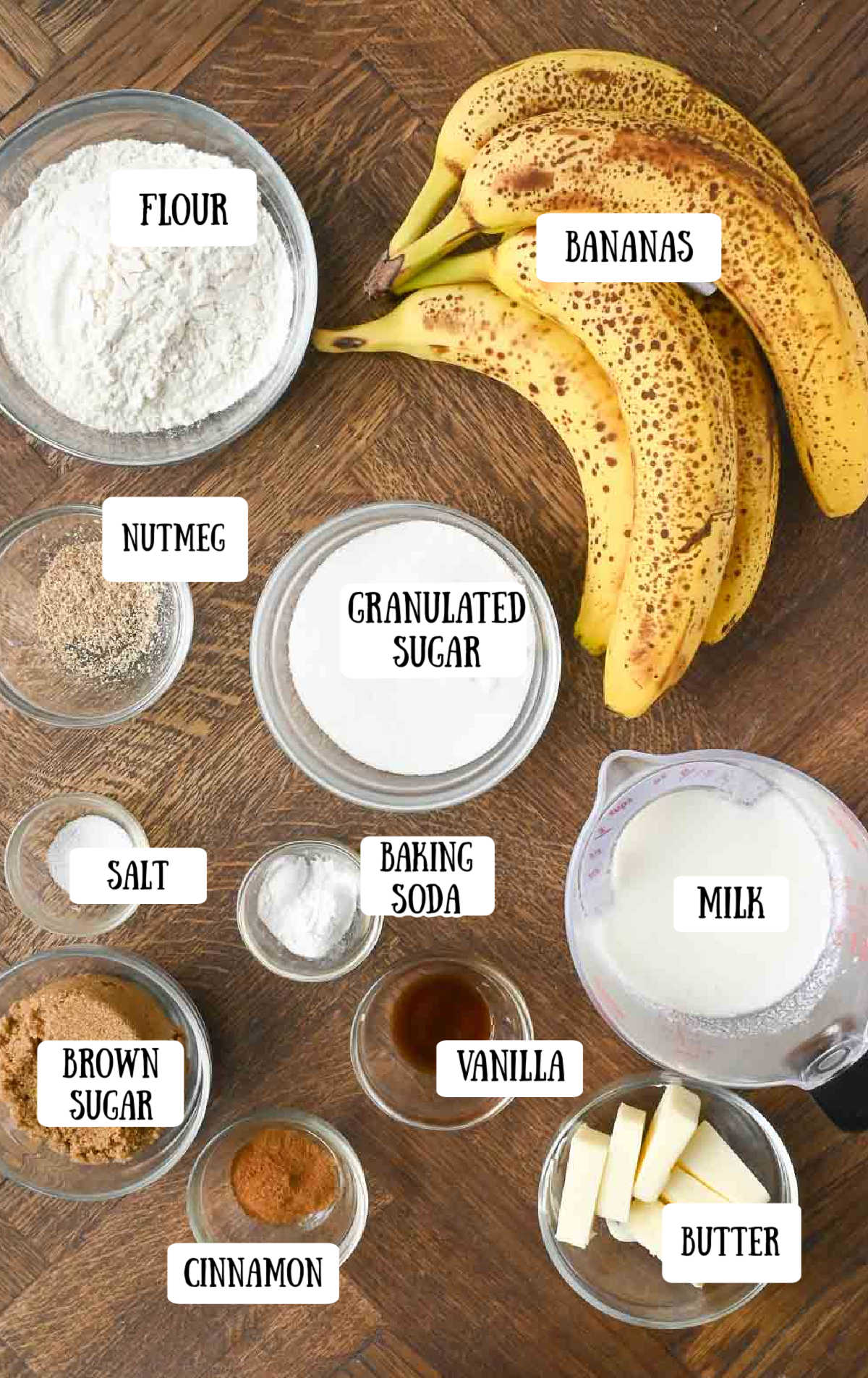 Labeled ingredients for old fashioned banana cobbler.