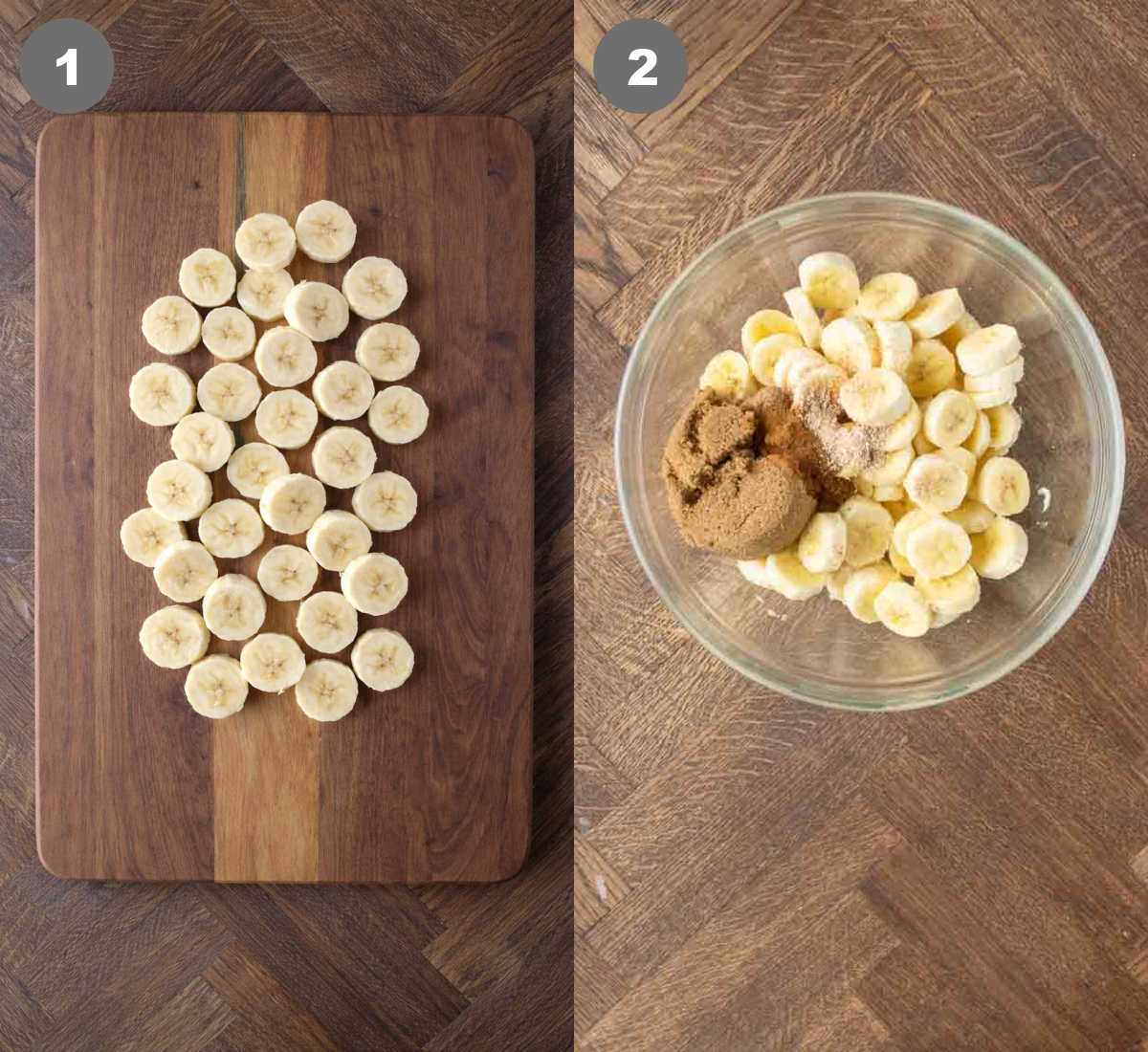 Sliced bananas on a cutting board and placed in a bowl with sugar.