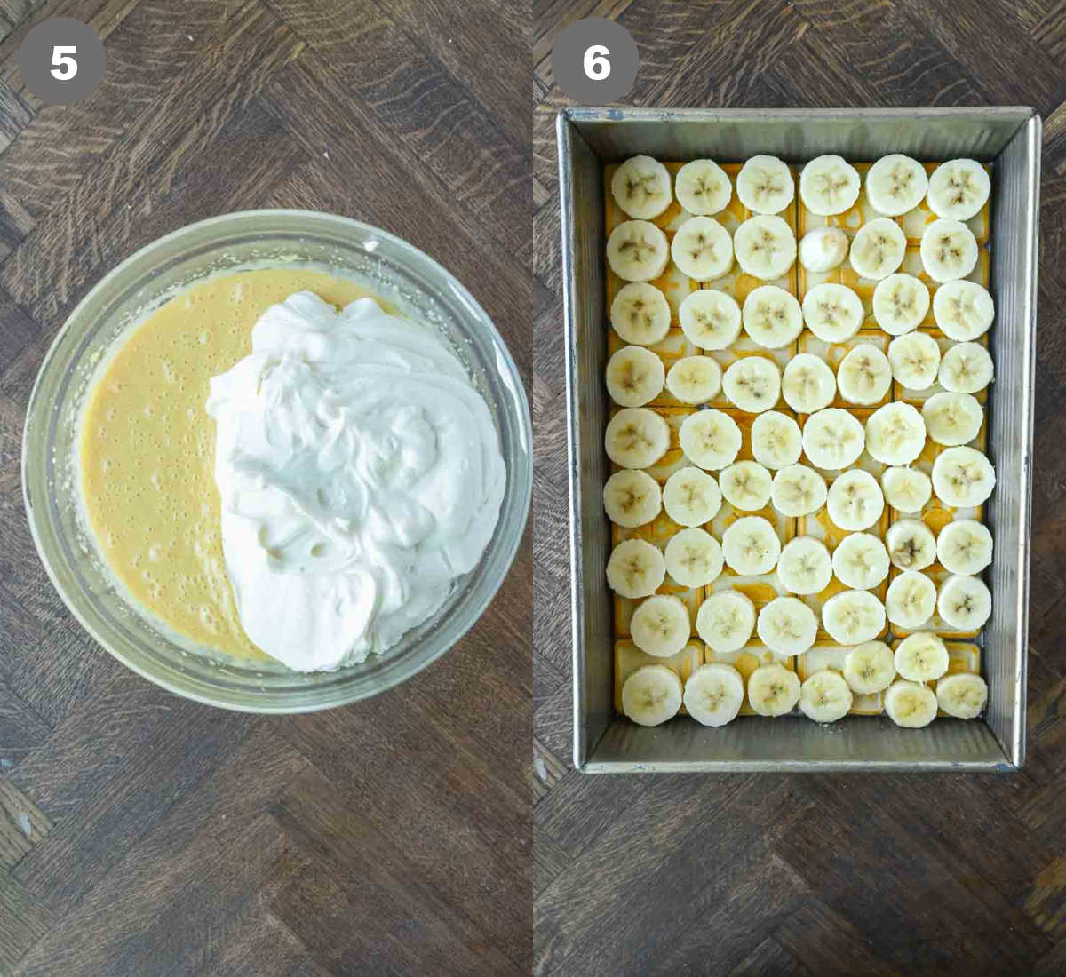 Steps 5 and 6 for chessman banana pudding.