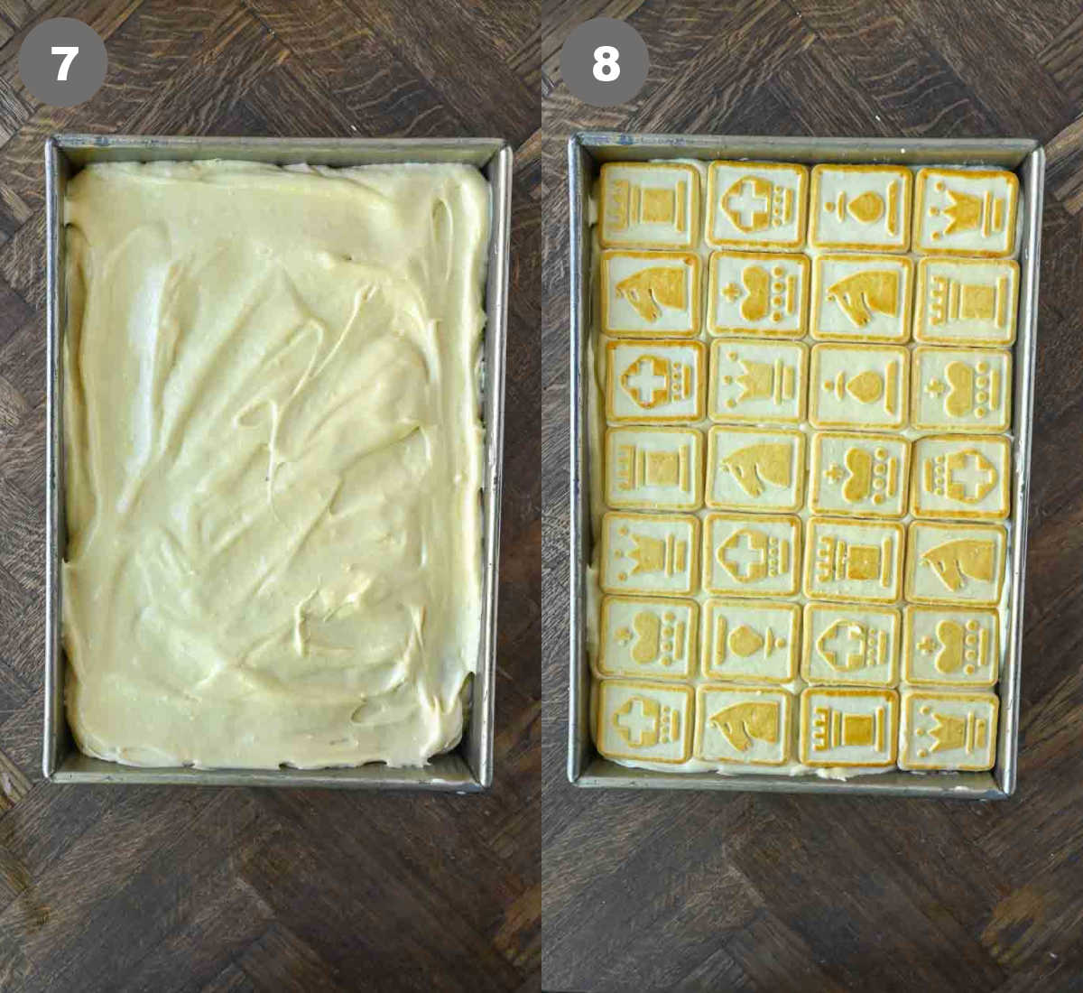Steps 7 and 8 for making chessman cookie banana pudding.