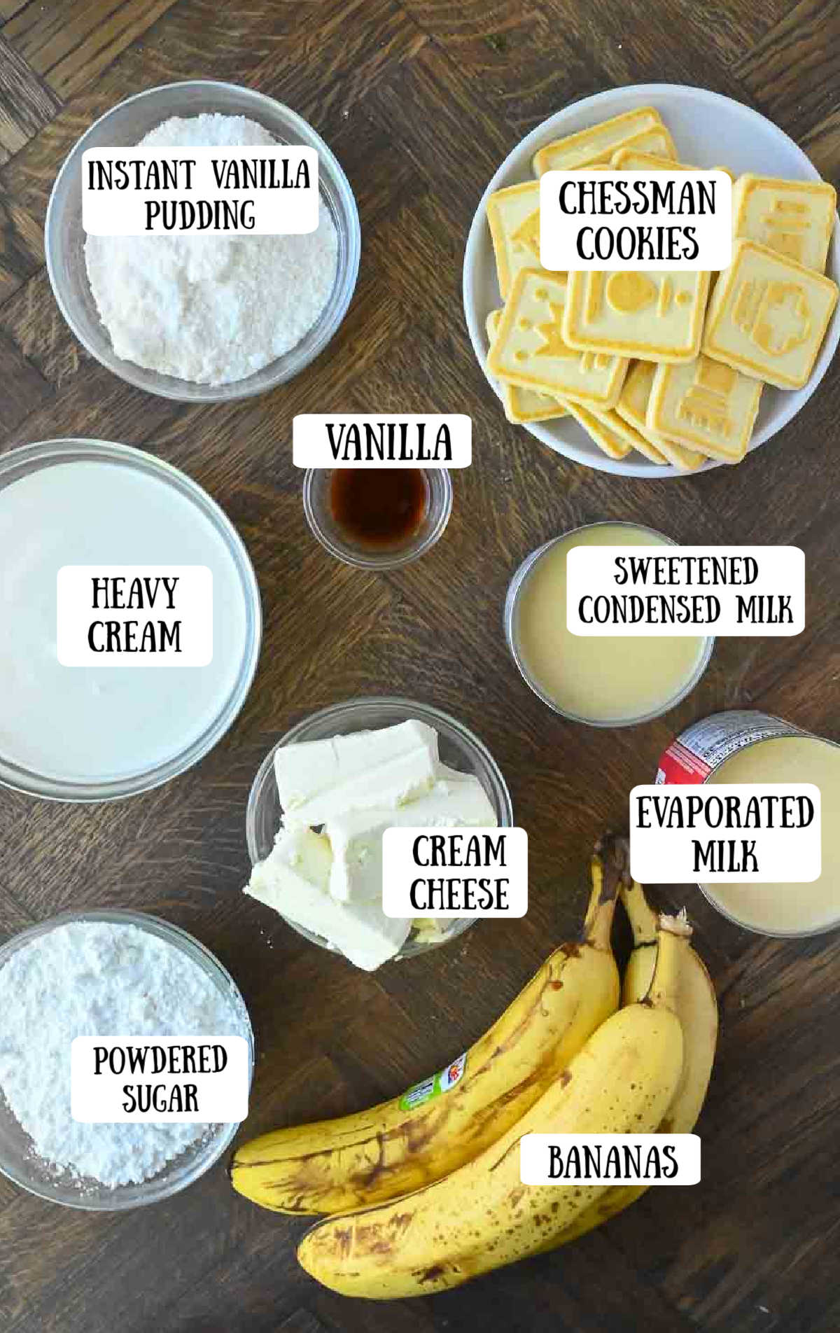 Labeled ingredients for chessman cookie banana pudding.