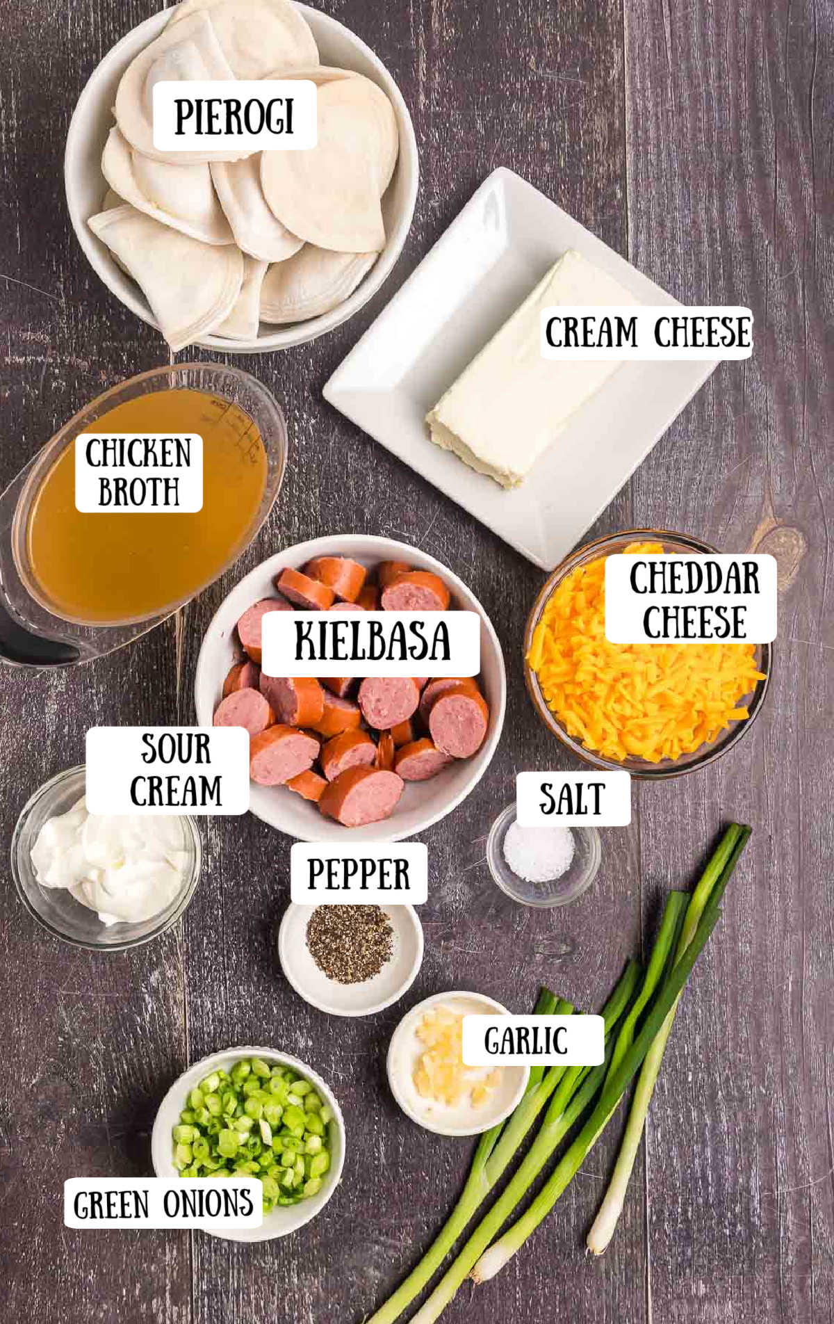 Labeled ingredients for crockpot pierogi casserole.