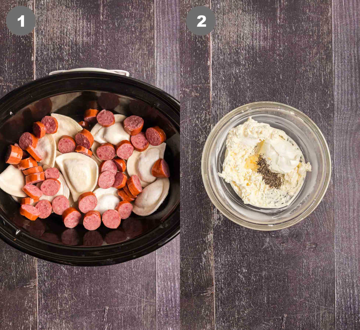 Steps 1 and 2 for making pierogi casserole.