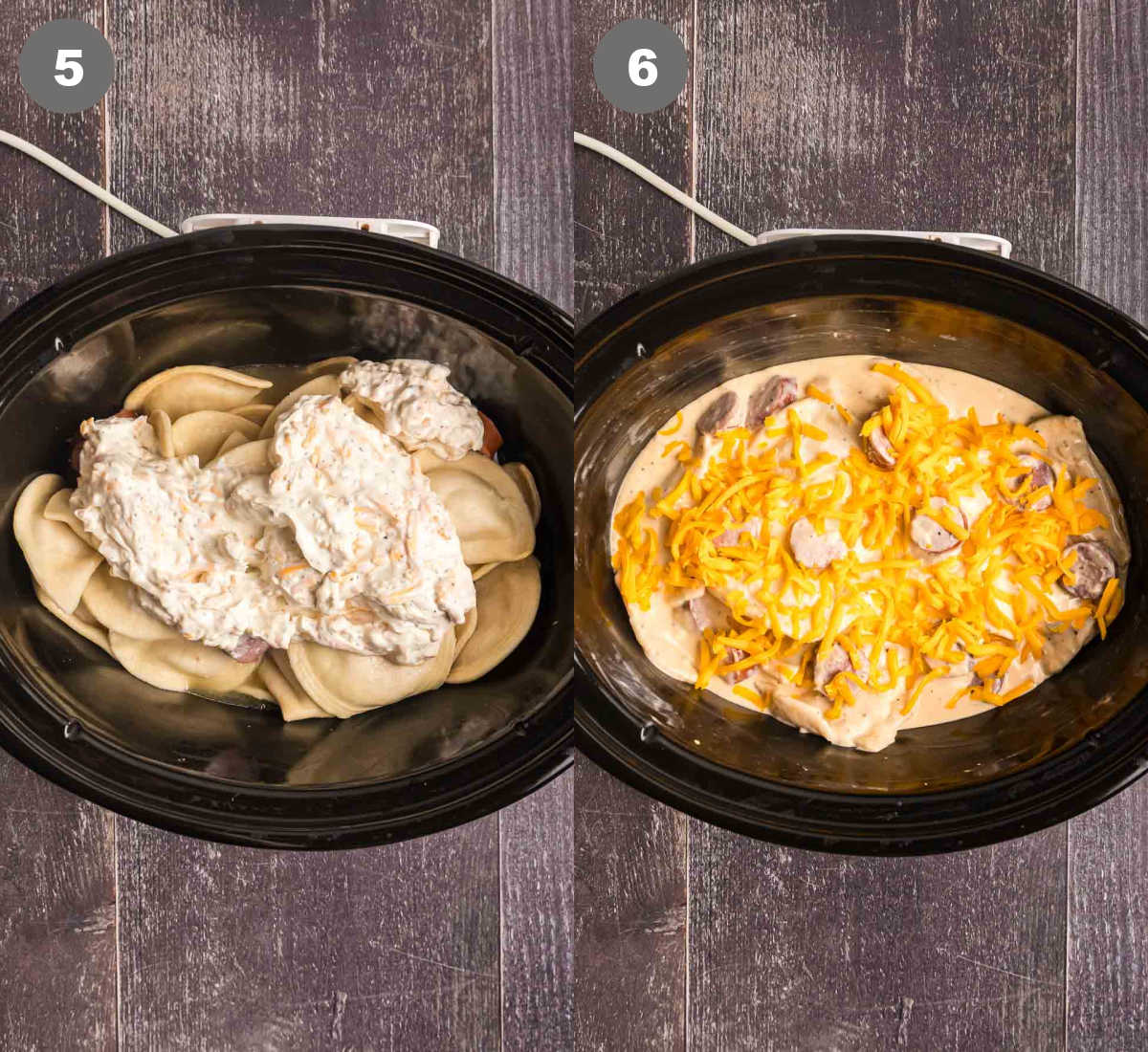 Steps 5 and 6 for slow cooker pierogi casserole.