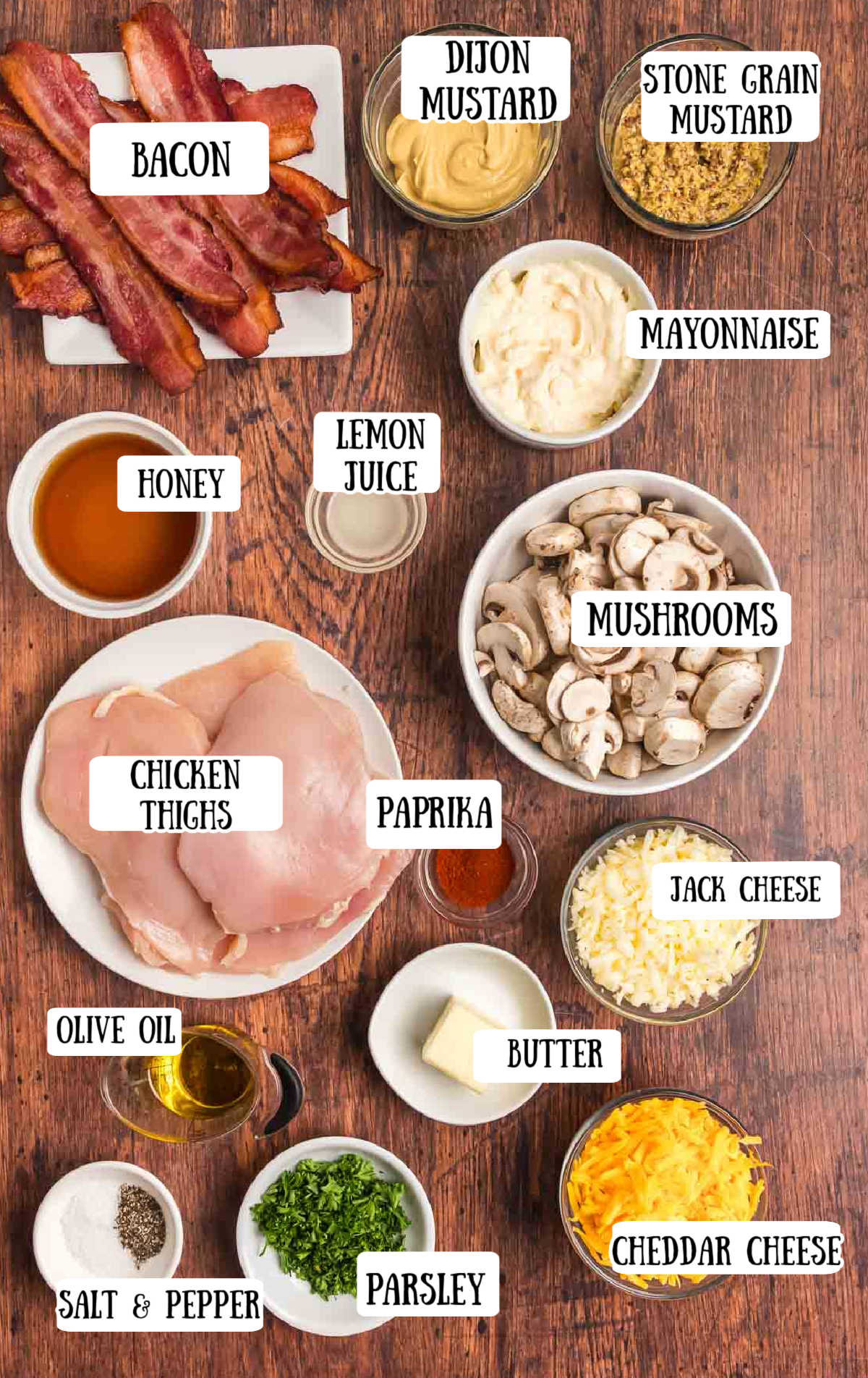 Labeled ingredients for outback steakhouse alice springs chicken recipe.