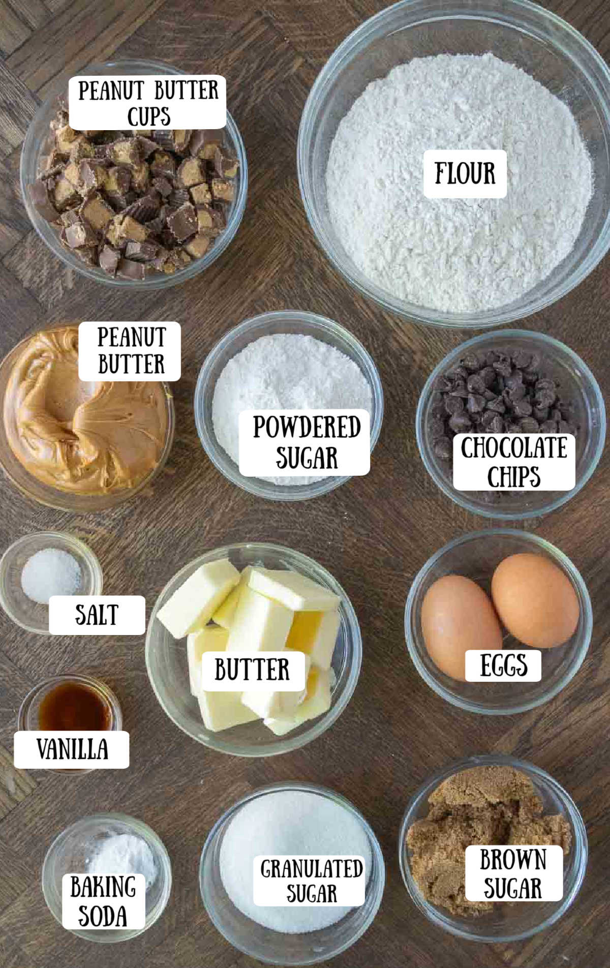 Labeled ingredients to make peanut butter cup cookies.